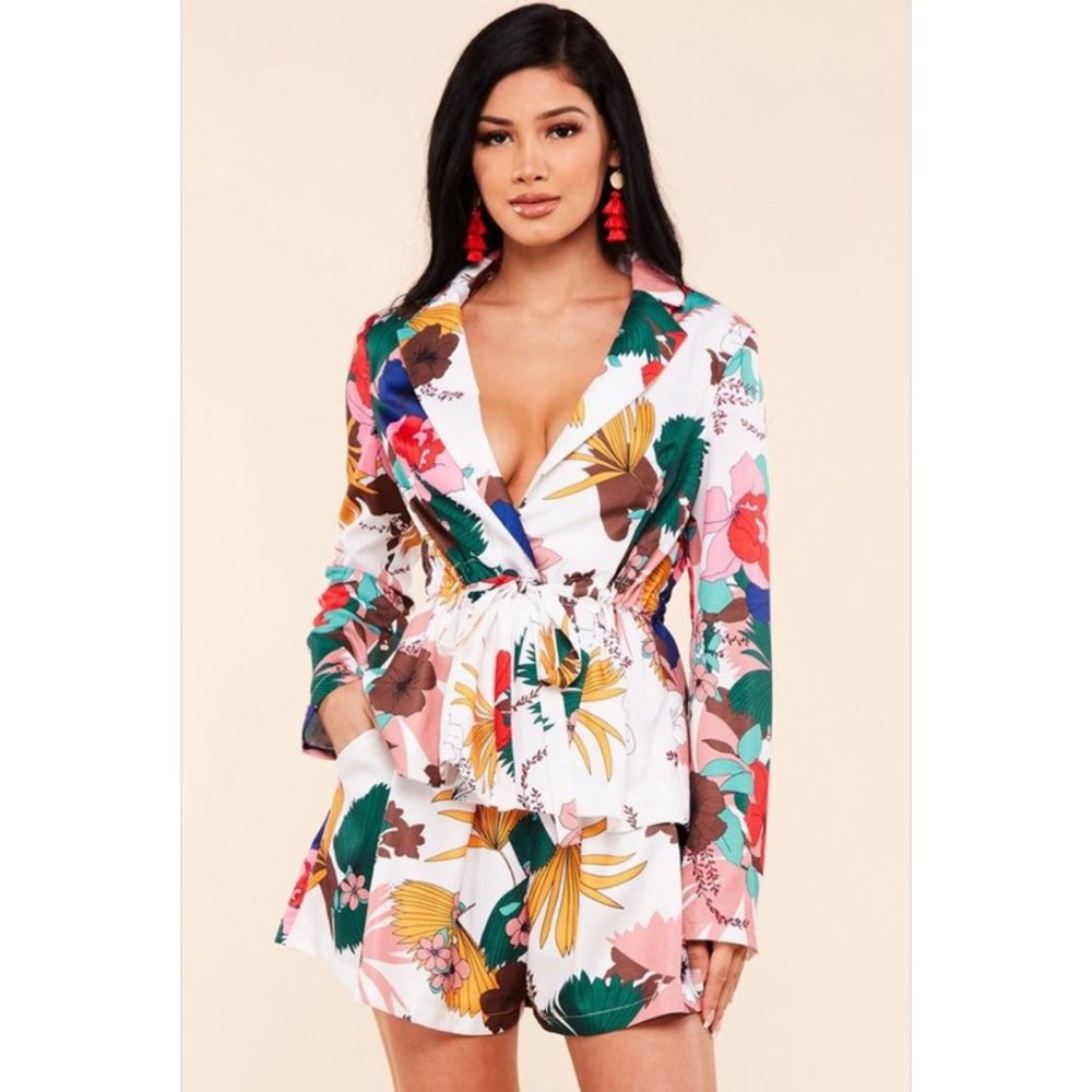 Tropical Print Blazer Short Set